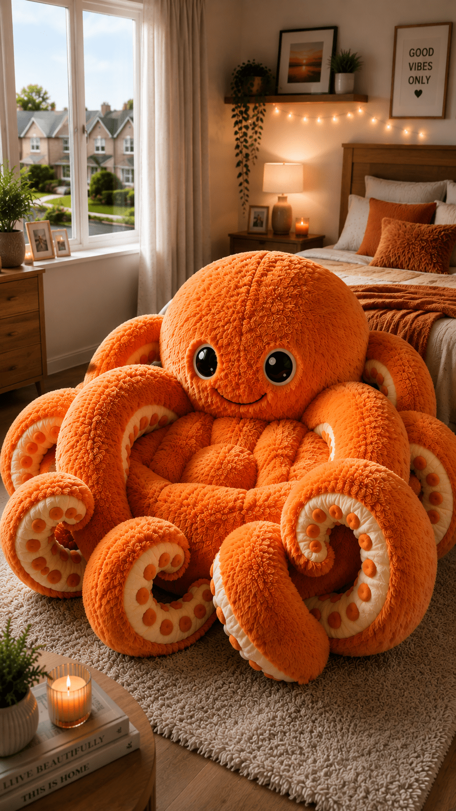 Giant orange plush octopus chair with curling tentacles in a warm and cosy bedroom interior.