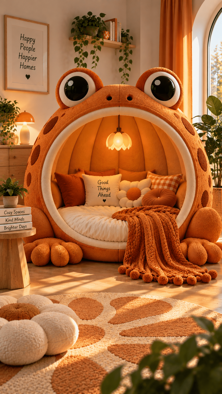 Bright orange frog-shaped reading nook with soft cushions and a chunky blanket in a warm, plant-filled interior.