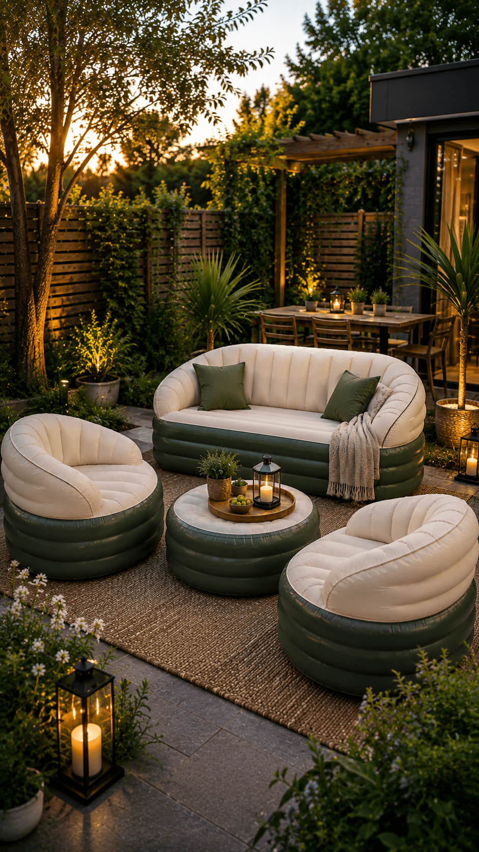 Stylish cream and green inflatable garden furniture arranged on a modern landscaped patio with outdoor lighting.