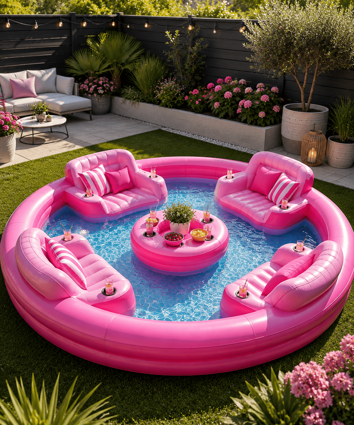 Bright pink inflatable lounge pool featuring cushioned seating, cup holders and a central floating drinks table in a modern garden.