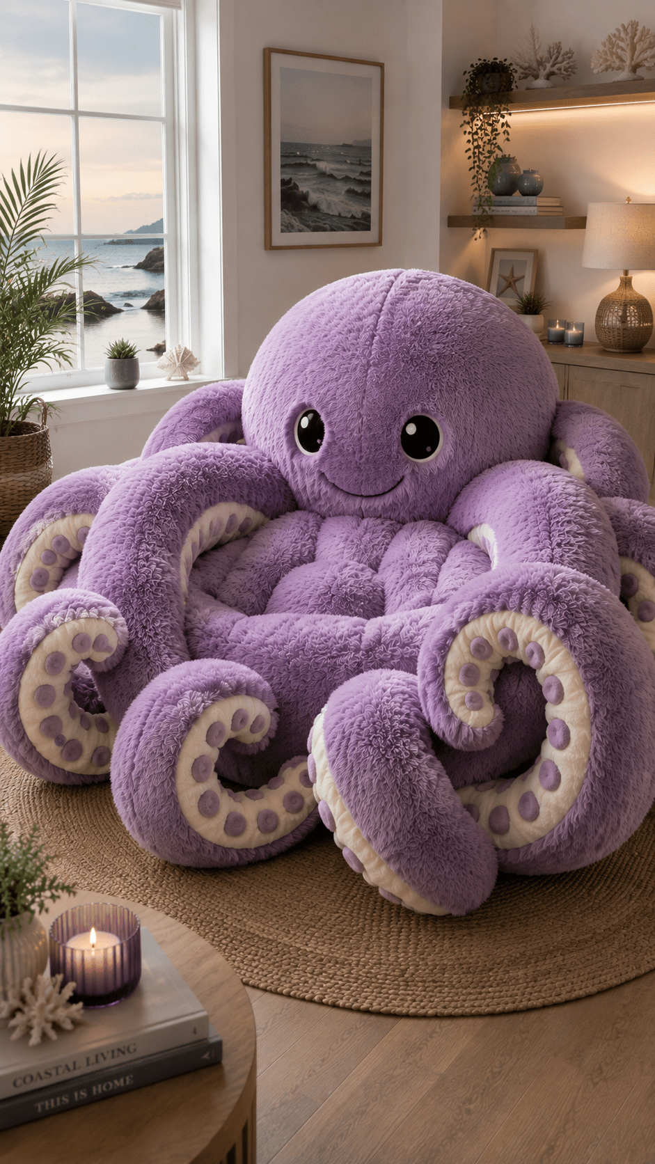 Giant lavender purple plush octopus chair with soft curling tentacles in a relaxing coastal-inspired interior.