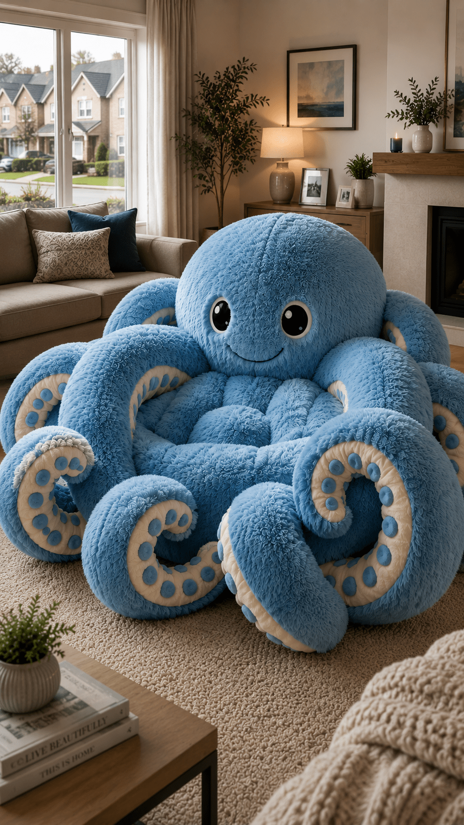 Giant blue plush octopus chair with oversized tentacles positioned in a cosy modern living room.