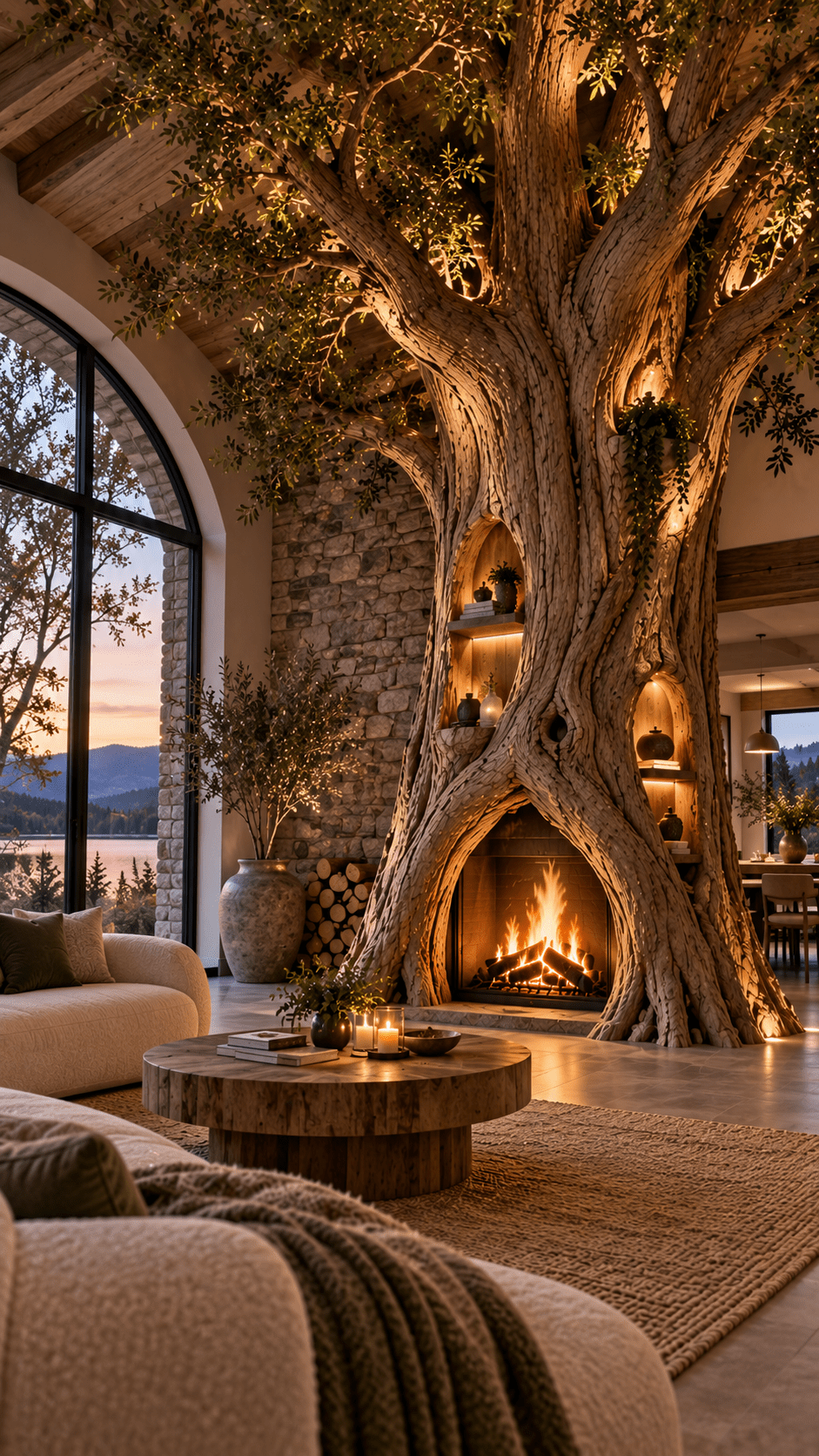 Statement tree fireplace with illuminated branches, built-in shelving and warm modern interior