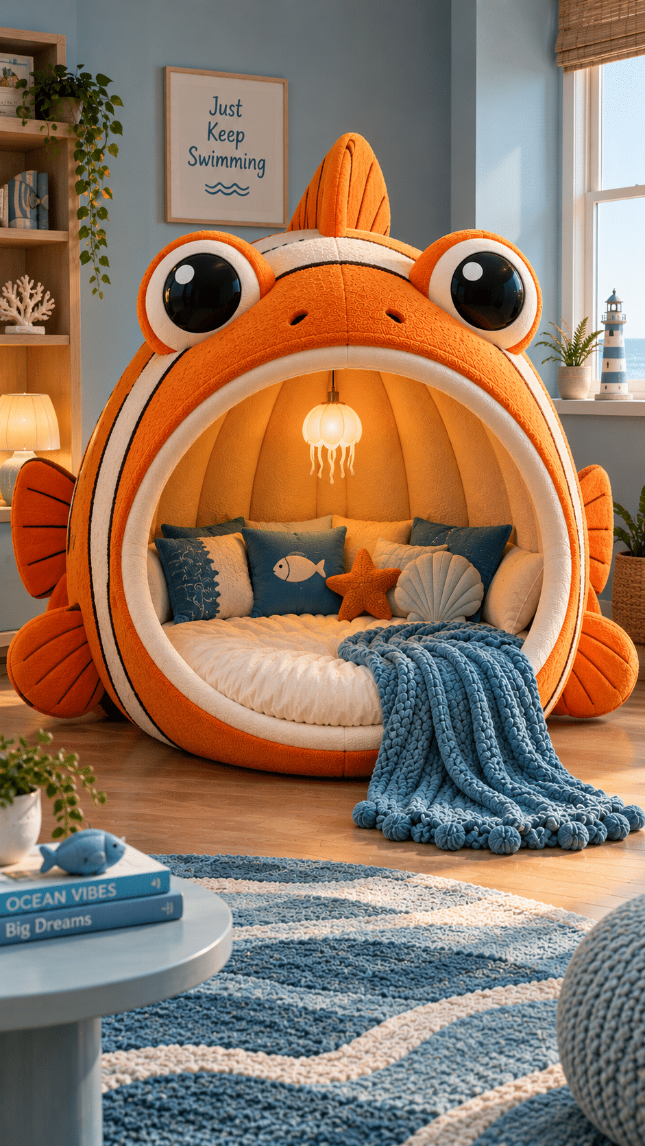 Bright orange fish-shaped reading nook with soft cushions and a blue throw in an ocean-themed interior.