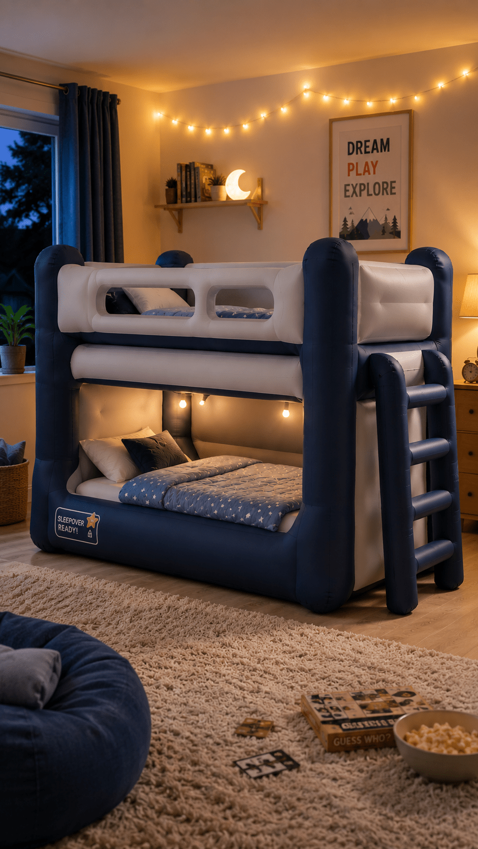 Navy blue and white inflatable-style bunk bed in a cosy children's bedroom with fairy lights and sleepover games