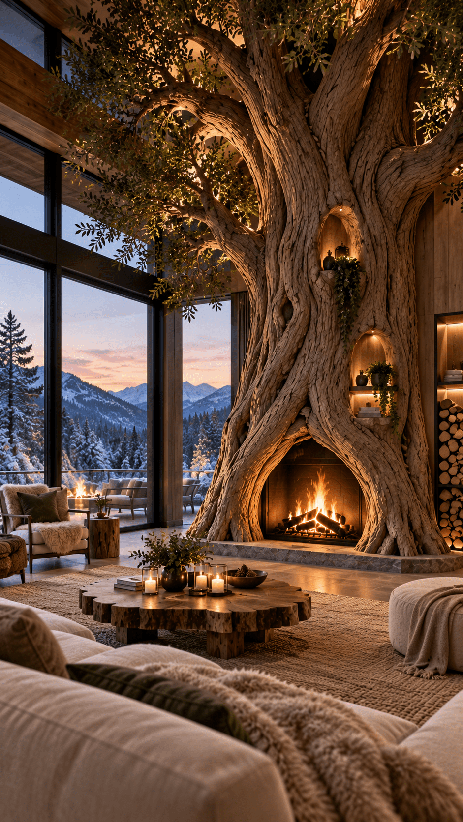 Large tree fireplace glowing inside a luxury living room overlooking snowy mountains