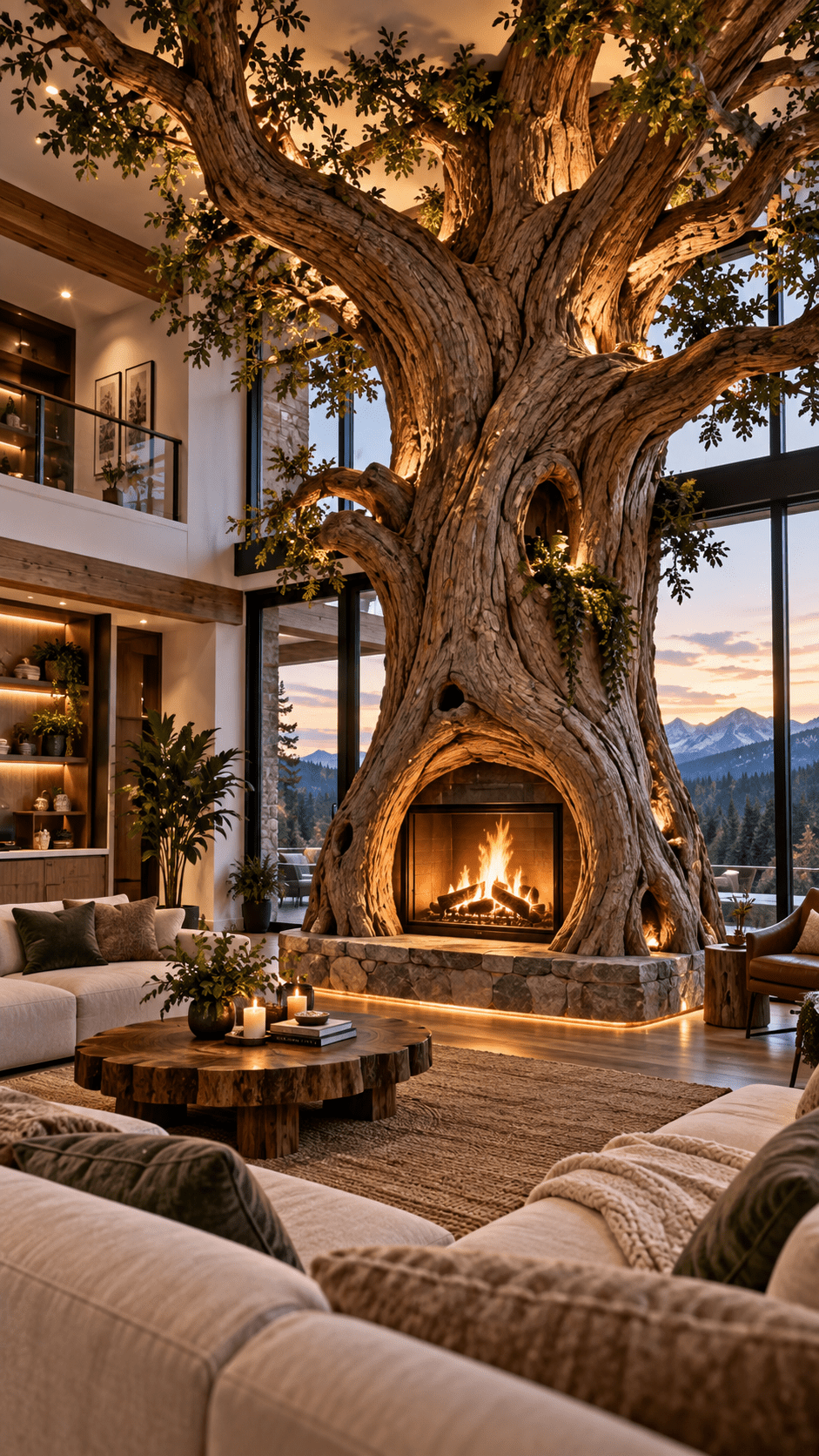 Giant tree fireplace surrounded by contemporary seating and floor-to-ceiling mountain views