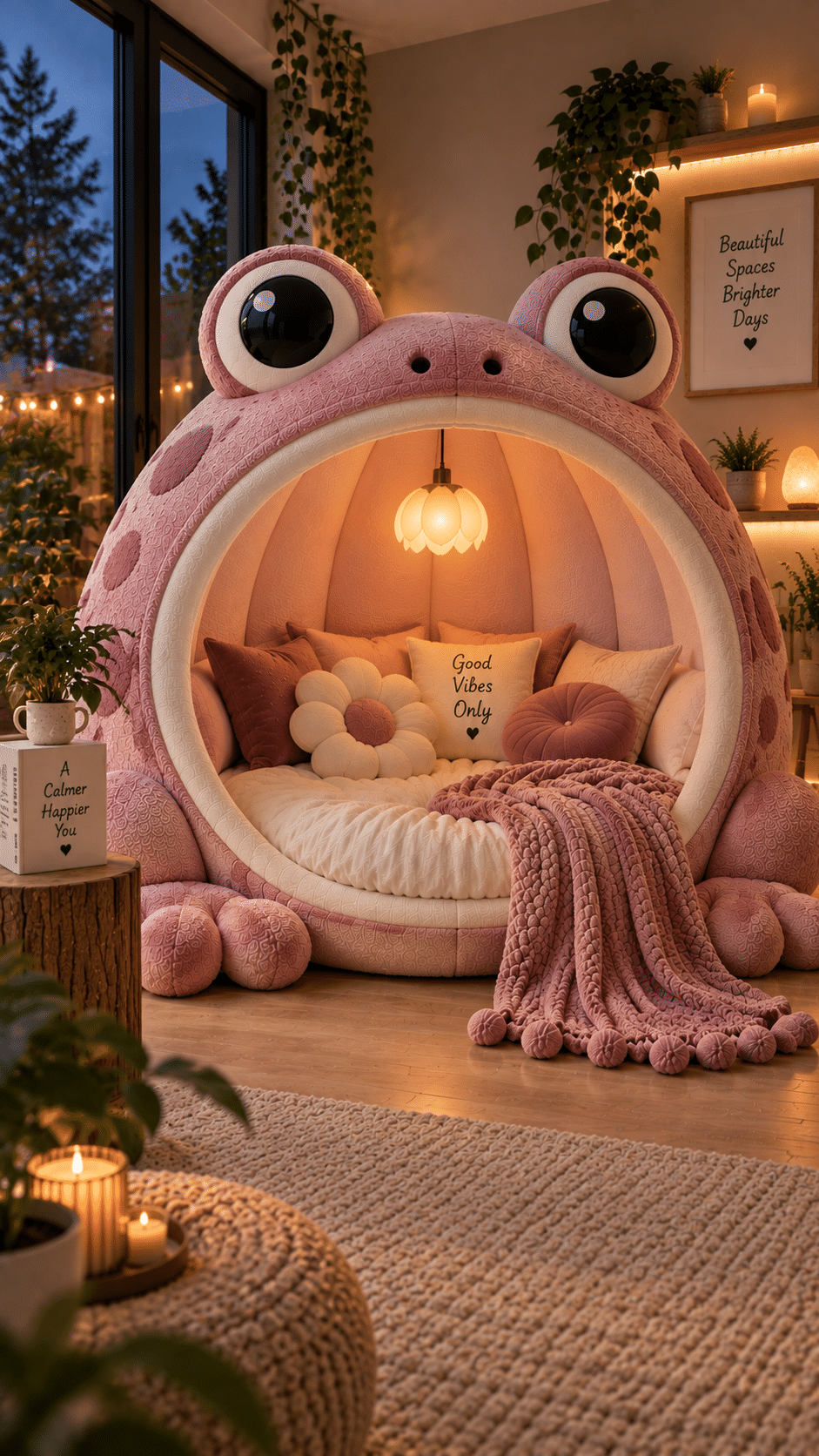 Oversized pink frog reading nook with cosy cushions, warm lighting and plants in a relaxing living space.