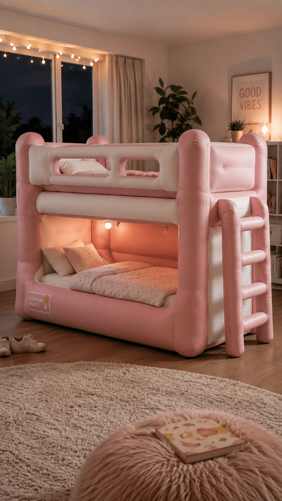 Pastel pink and white inflatable-style bunk bed in a cosy bedroom decorated with warm lights and soft furnishings