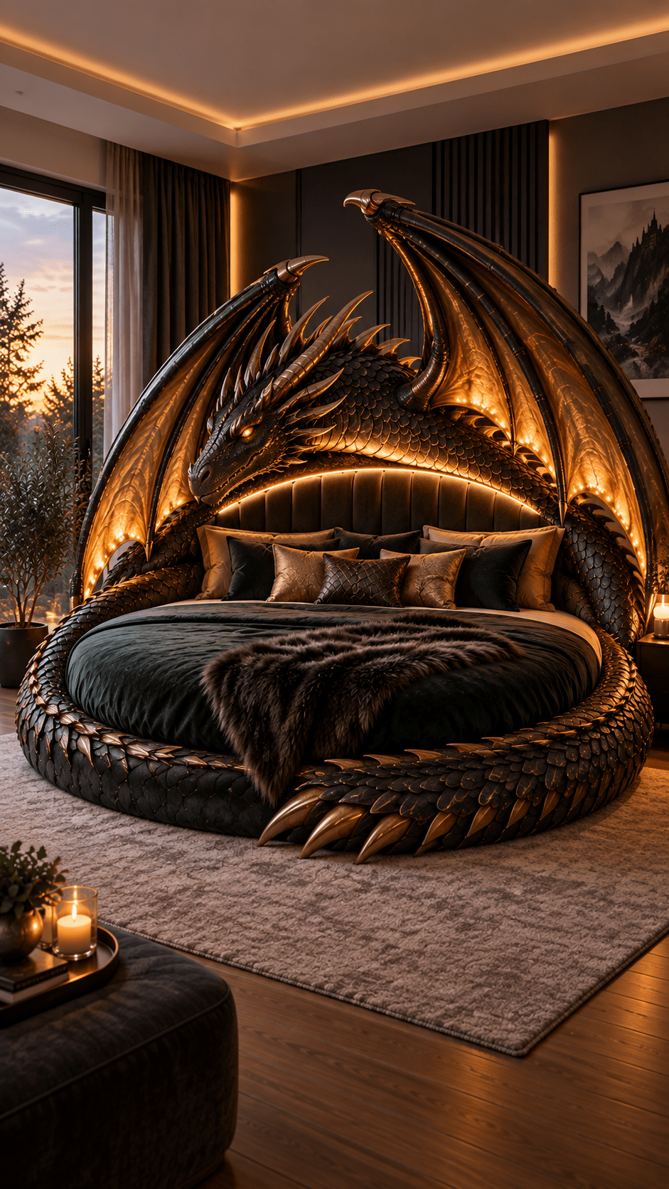 Black dragon bed featuring glowing amber wings, dark green bedding and dramatic metallic scales in a luxury bedroom.