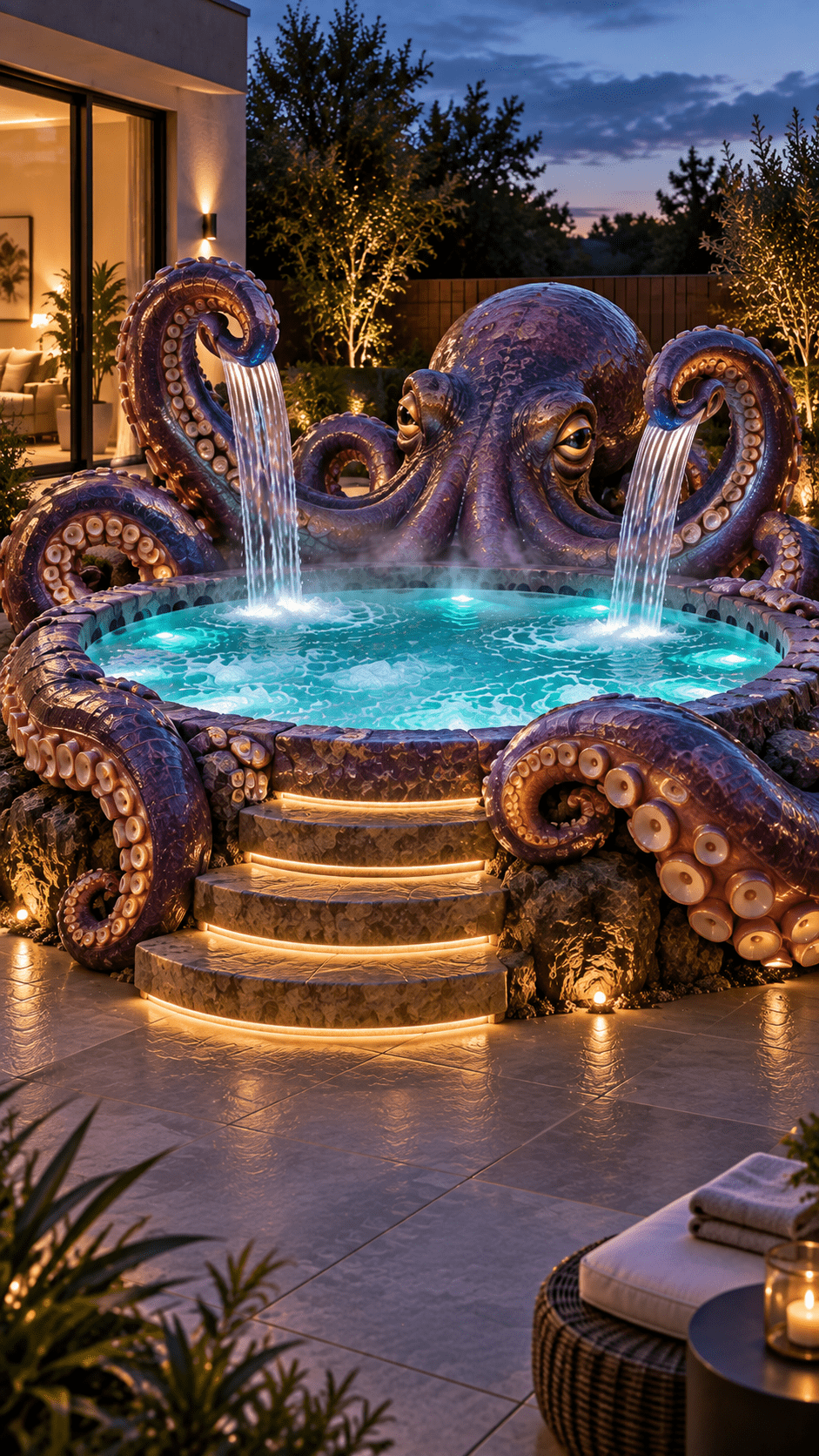 Purple octopus-themed hot tub with turquoise water, waterfall tentacles and garden lighting outside a modern home