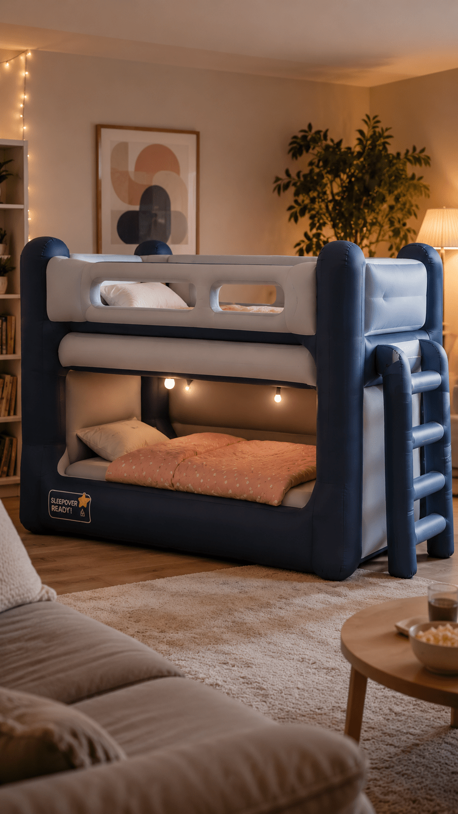 Blue and white inflatable-style bunk bed with a padded ladder and cosy lower sleeping area in a modern bedroom