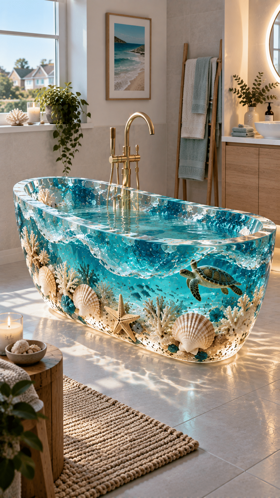 Transparent ocean bathtub featuring turquoise water, coral, seashells and a sea turtle in a bright modern bathroom.