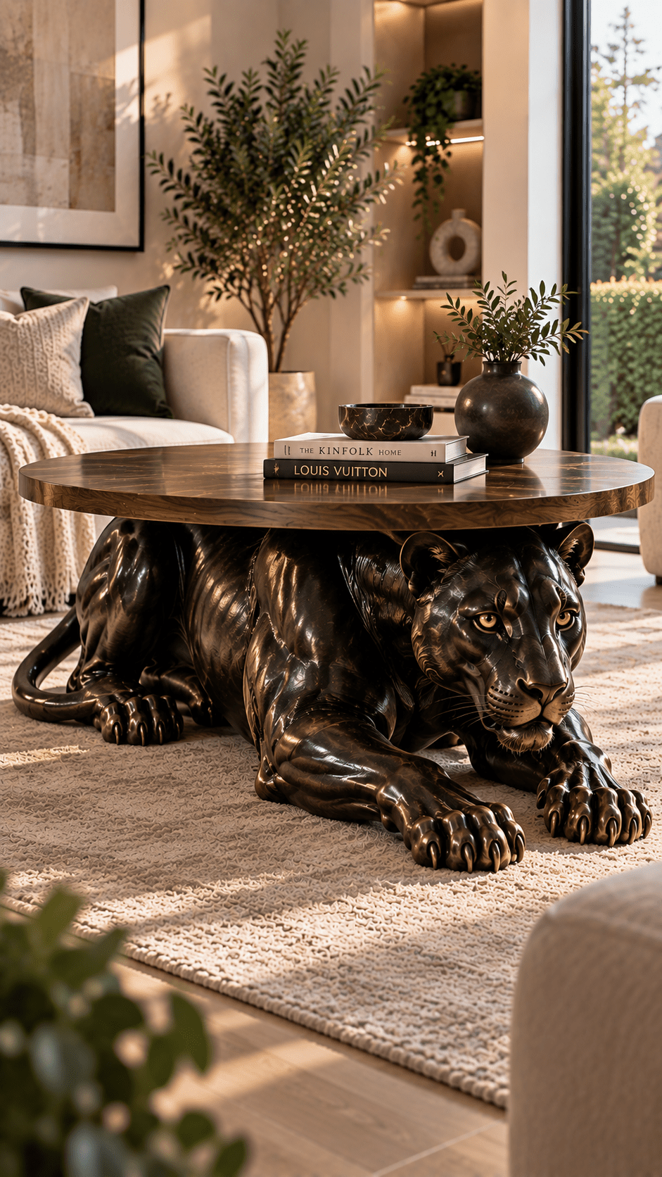 Glossy black panther sculpture supporting a circular wooden coffee table in a contemporary neutral lounge.