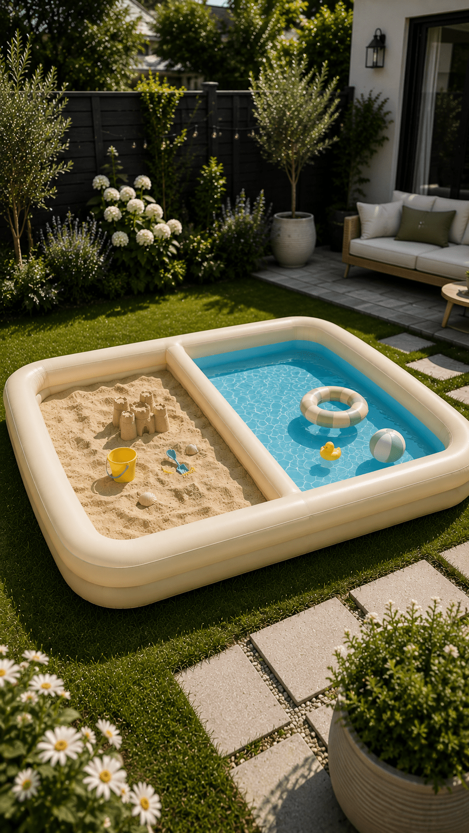 Cream inflatable sandpit and paddling pool featuring sand toys and floating toys in a landscaped garden.