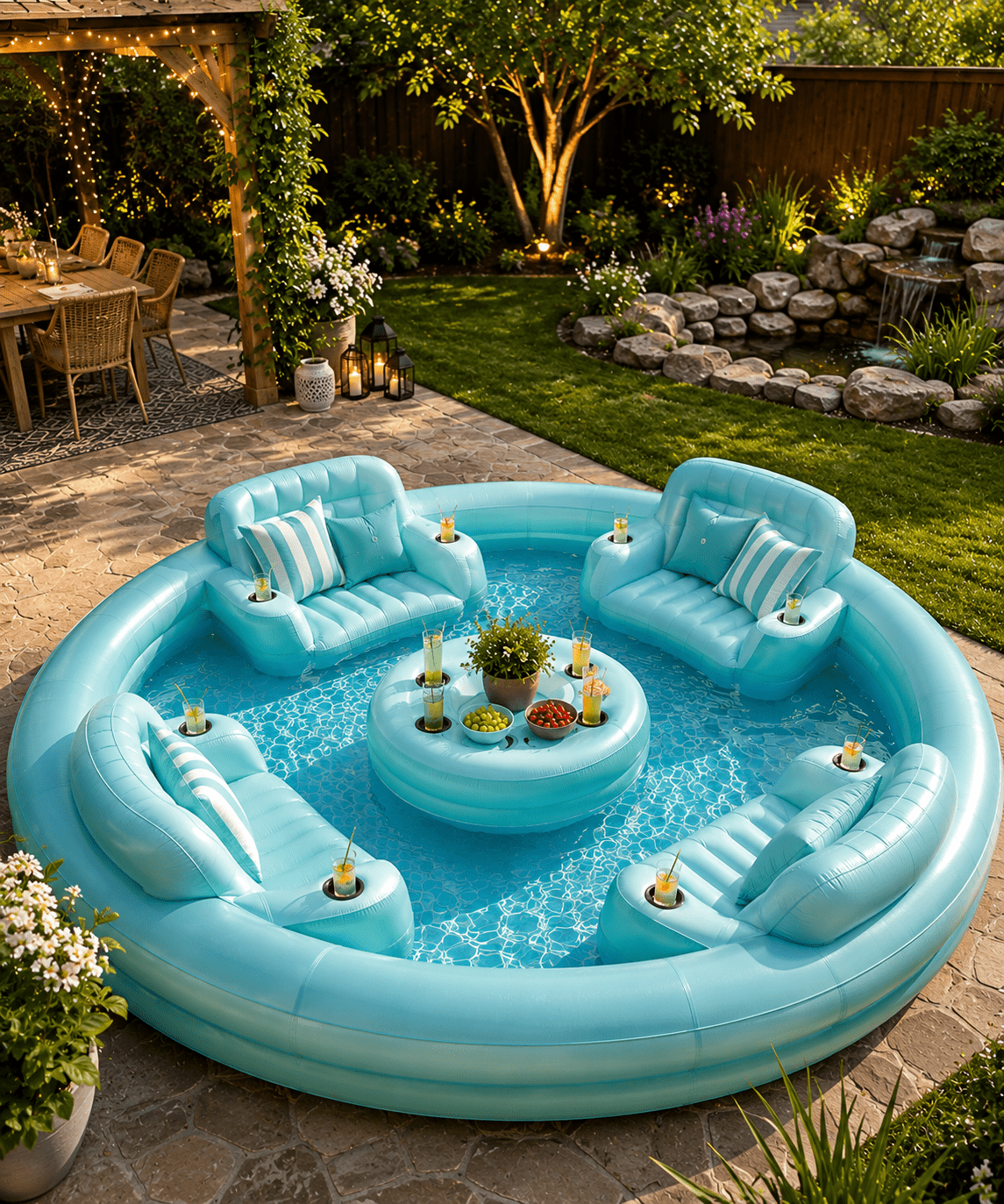 Aqua blue inflatable lounge pool with four integrated armchairs and floating snack table beside a landscaped garden patio.