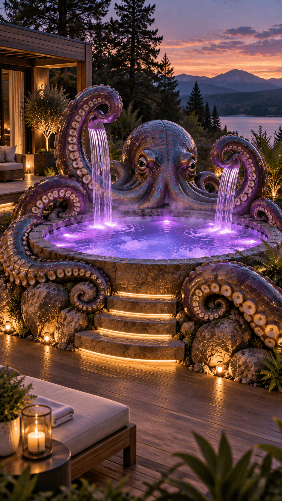 Giant purple octopus hot tub with illuminated waterfalls overlooking a lake and mountains at sunset