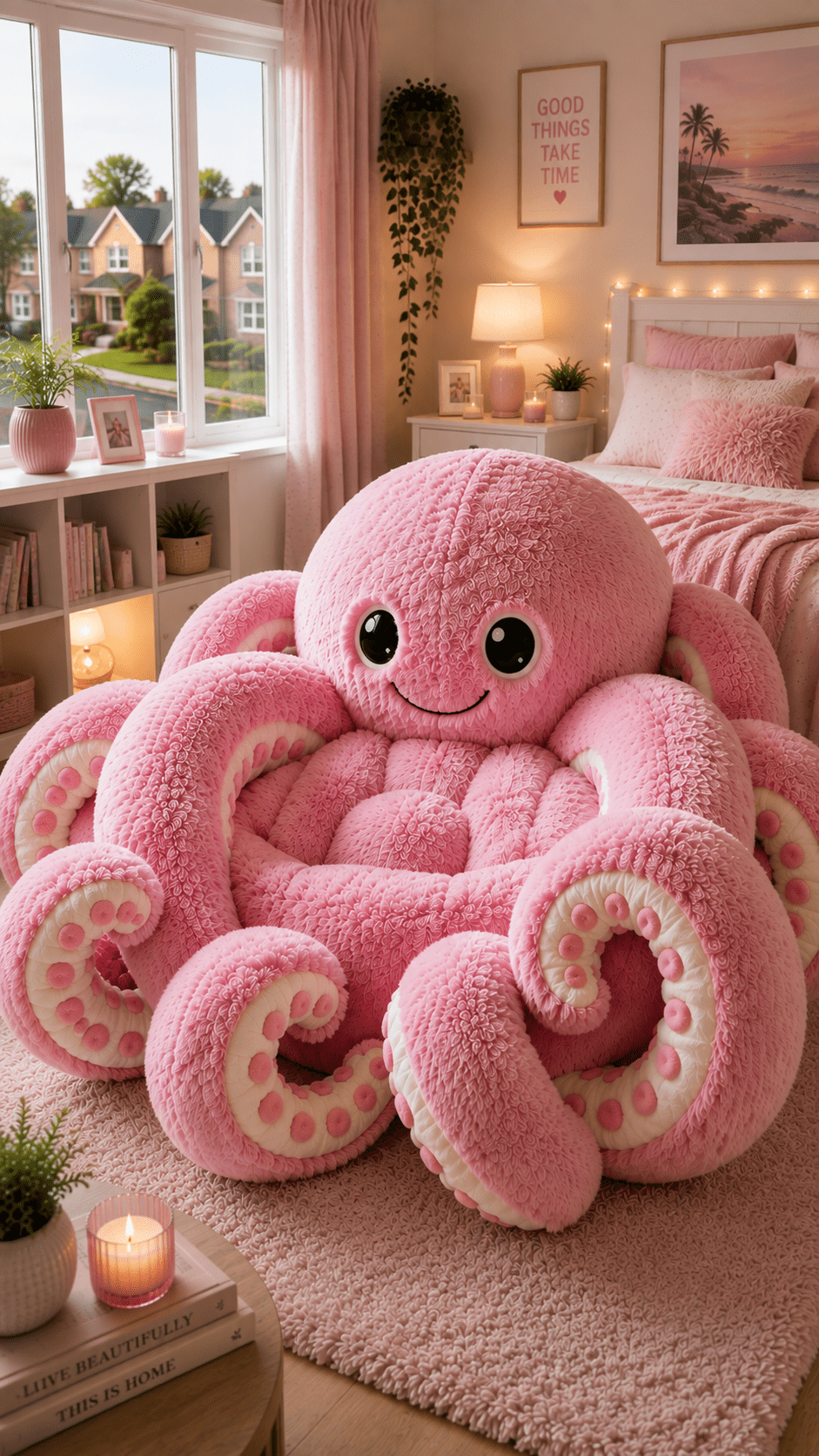 Giant pink plush octopus chair with curling padded tentacles in a warm pastel pink bedroom.