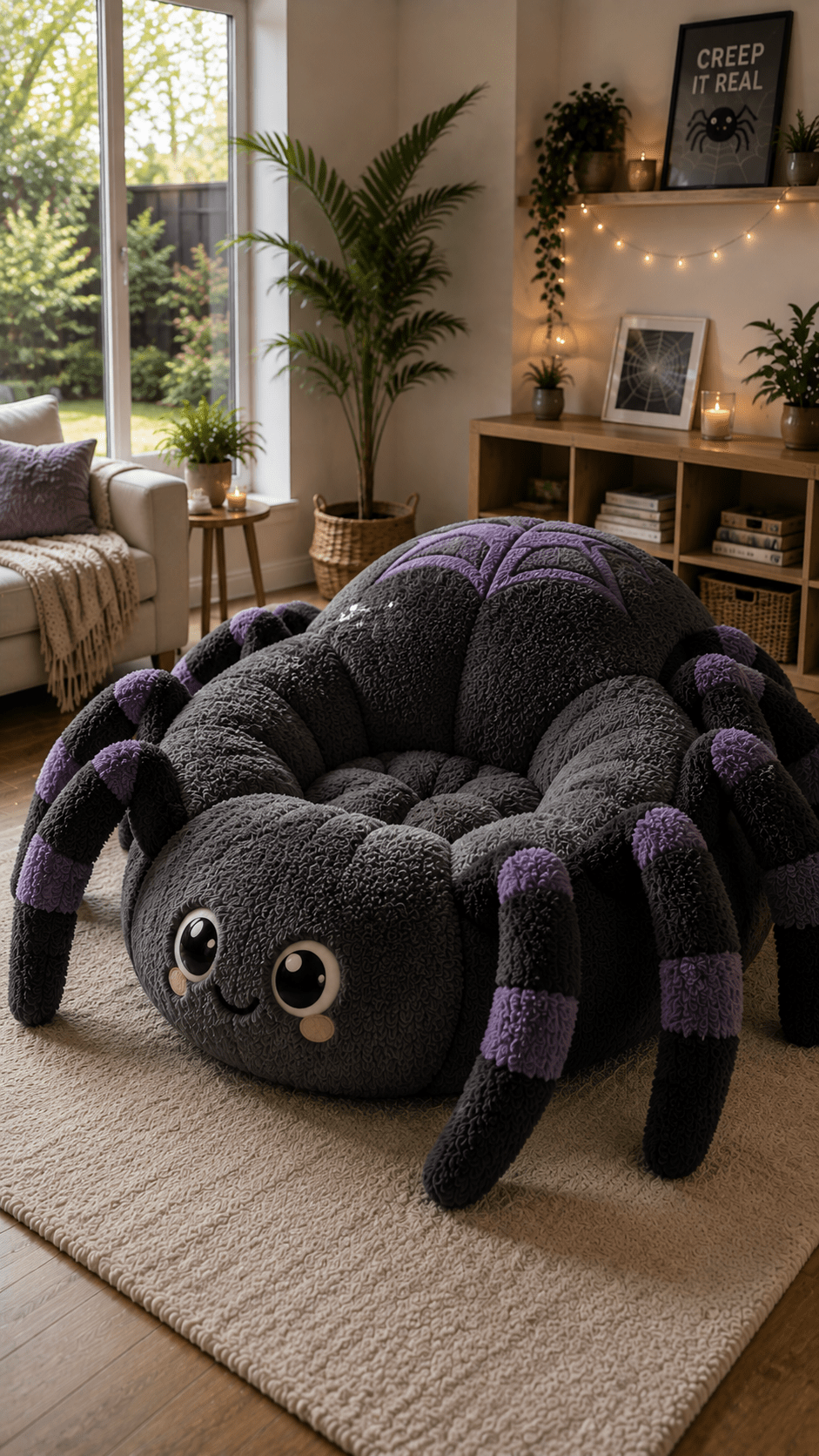 Black and purple plush spider-shaped chair with eight padded legs in a cosy living room.