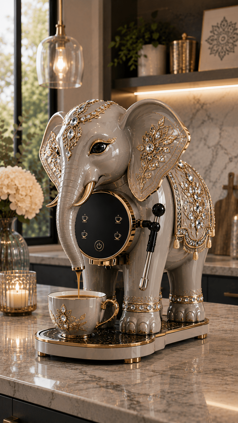 Ivory elephant coffee machine with intricate gold embellishments and matching decorative coffee cup.