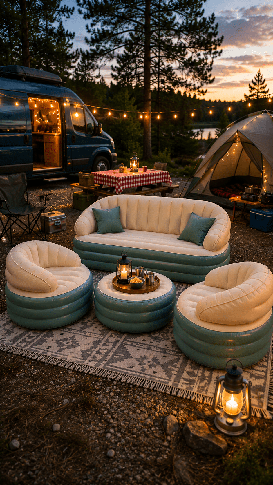 Cream and green inflatable garden furniture set with sofa, chairs and table at a woodland campsite beside a campervan and tent.