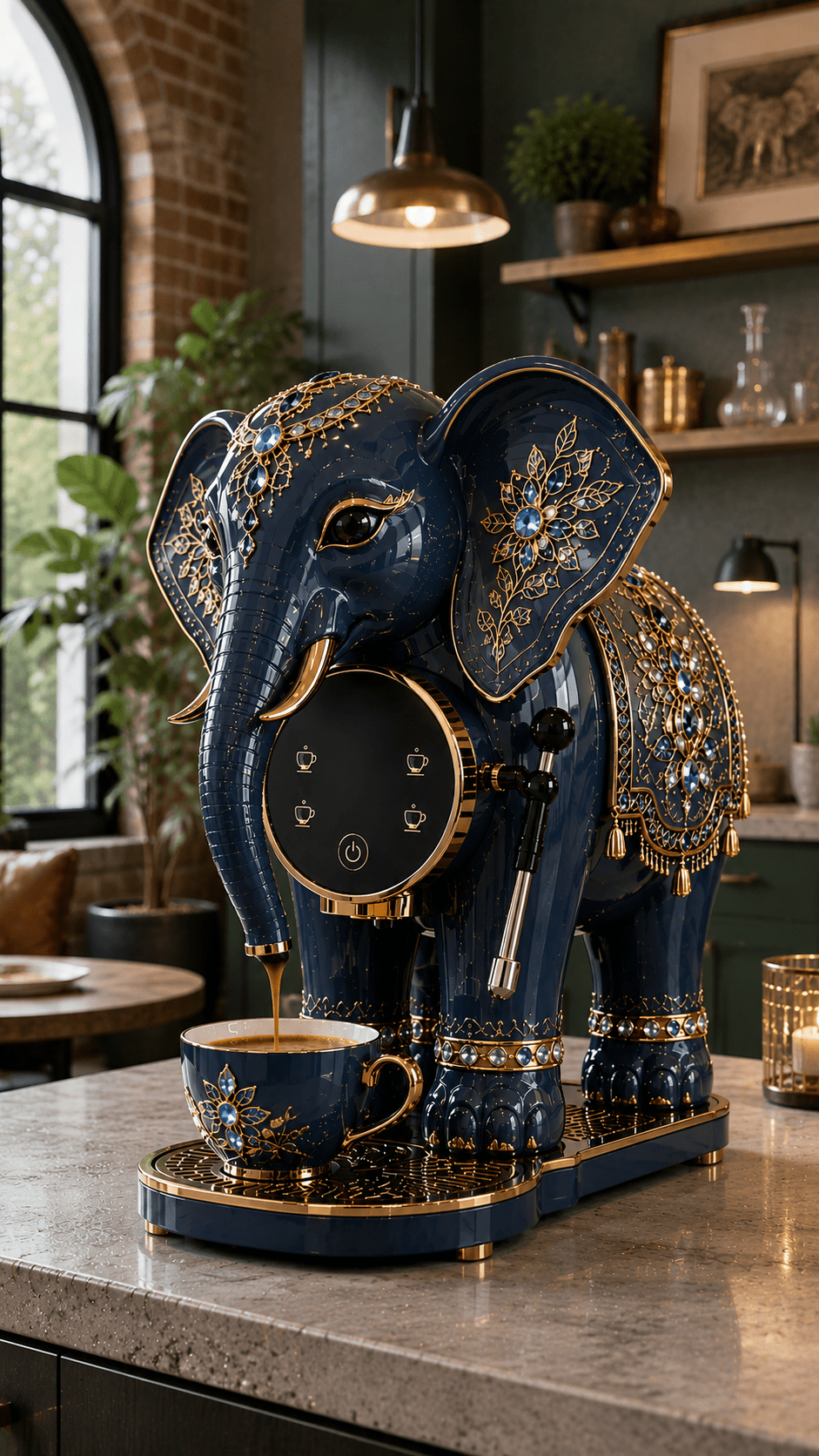 Navy blue elephant coffee machine featuring gold and jewel-style decorations on a modern kitchen worktop.
