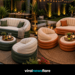 Stylish inflatable garden furniture featuring a cream sofa, armchairs and matching table creating a comfortable portable outdoor living space.