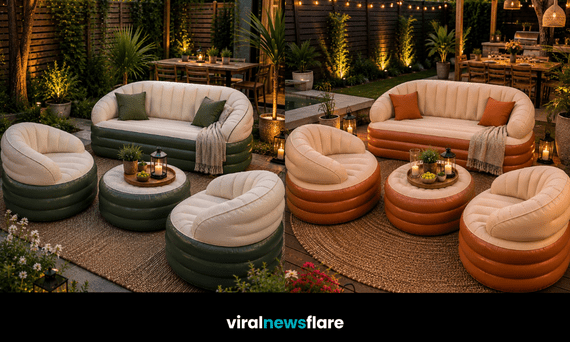 Stylish inflatable garden furniture featuring a cream sofa, armchairs and matching table creating a comfortable portable outdoor living space.
