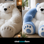Giant teddy bear chair showcasing the oversized plush furniture trend for cosy and playful home interiors