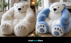 Giant teddy bear chair showcasing the oversized plush furniture trend for cosy and playful home interiors