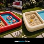 Inflatable sandpit pool combining separate sand and water play areas for children in a sunny garden.