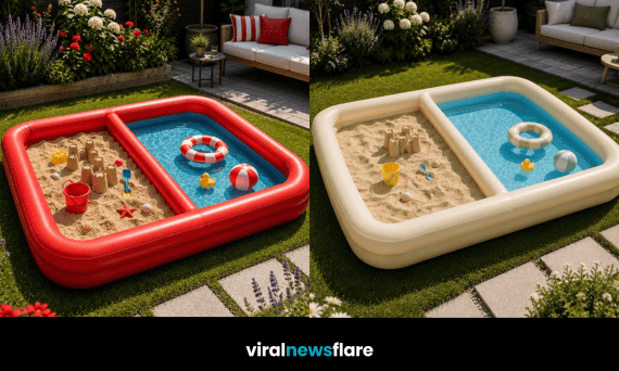 Inflatable sandpit pool combining separate sand and water play areas for children in a sunny garden.