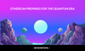 Futuristic digital landscape representing Ethereum preparing for the quantum era and future quantum-resistant blockchain security.
