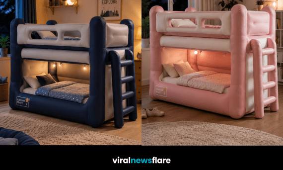 Colourful inflatable bunk bed concept creating a fun and cosy children's sleepover bedroom