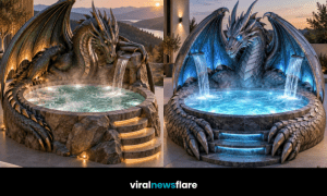 Dramatic dragon-shaped hot tub with glowing water, sculpted wings and waterfalls creating a fantasy-inspired luxury garden feature