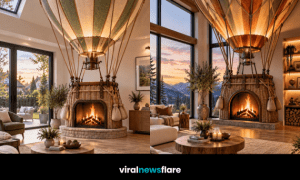 Giant hot air balloon fireplace with a woven basket and glowing fire creating a whimsical living room centrepiece.