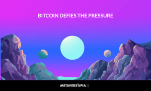 Bitcoin Defies the Pressure graphic featuring a colourful digital landscape representing Bitcoin’s resilience amid market and economic pressure.