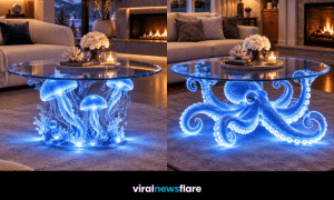 Collection of glowing ocean-inspired coffee tables featuring marine life designs including jellyfish, whales, dolphins and octopus