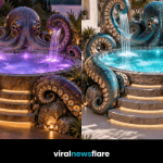 Giant octopus hot tub with curling tentacles, cascading waterfalls and colourful lighting in a luxury garden setting