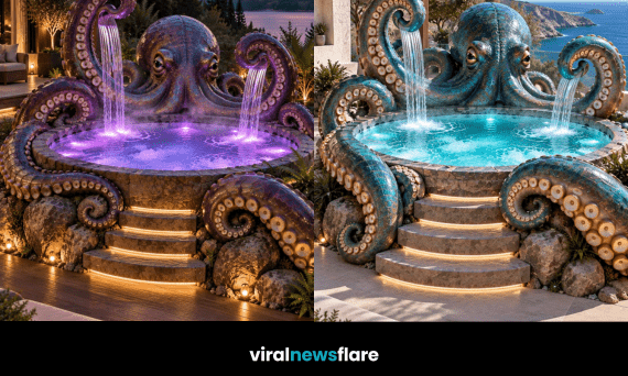Giant octopus hot tub with curling tentacles, cascading waterfalls and colourful lighting in a luxury garden setting