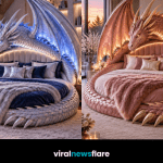 Luxury dragon bed with enormous illuminated wings and detailed metallic scales creating a dramatic fantasy-inspired bedroom.