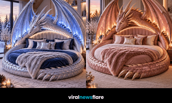 Luxury dragon bed with enormous illuminated wings and detailed metallic scales creating a dramatic fantasy-inspired bedroom.
