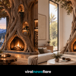 Dramatic tree fireplace forming the centrepiece of a luxury nature-inspired living room
