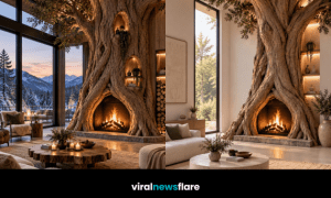 Dramatic tree fireplace forming the centrepiece of a luxury nature-inspired living room