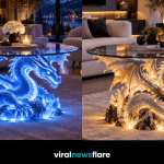 Illuminated dragon coffee table with a round glass top creating a dramatic fantasy-inspired centrepiece in a modern living room.
