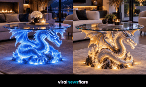 Illuminated dragon coffee table with a round glass top creating a dramatic fantasy-inspired centrepiece in a modern living room.