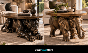 Collection of animal-inspired coffee table designs featuring sculptural wildlife bases and luxurious wooden tabletops.