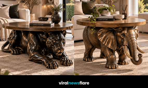 Collection of animal-inspired coffee table designs featuring sculptural wildlife bases and luxurious wooden tabletops.
