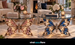 Decorative illuminated butterfly coffee table with detailed wings and a glass top creating a statement living room centrepiece.