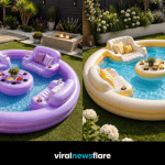 Luxury inflatable lounge pool with built-in seating, drinks holders and floating table creating a social garden pool experience.
